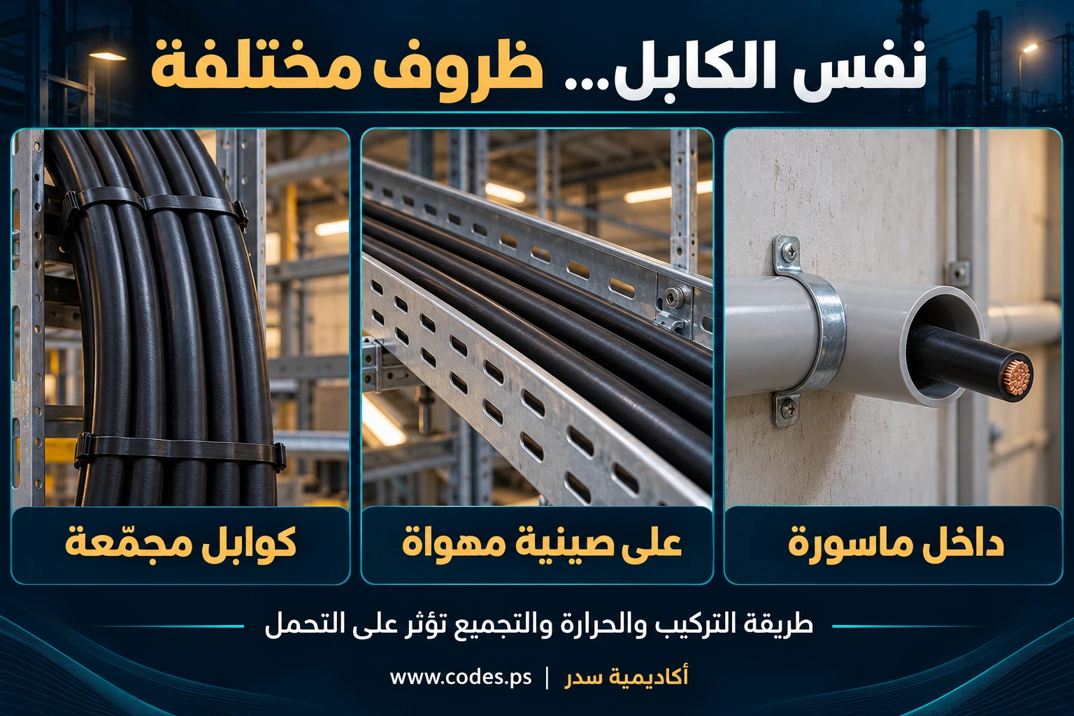 ثلاث حالات توضيحية: داخل ماسورة، على صينية مهواة، وكوابل مجمعة