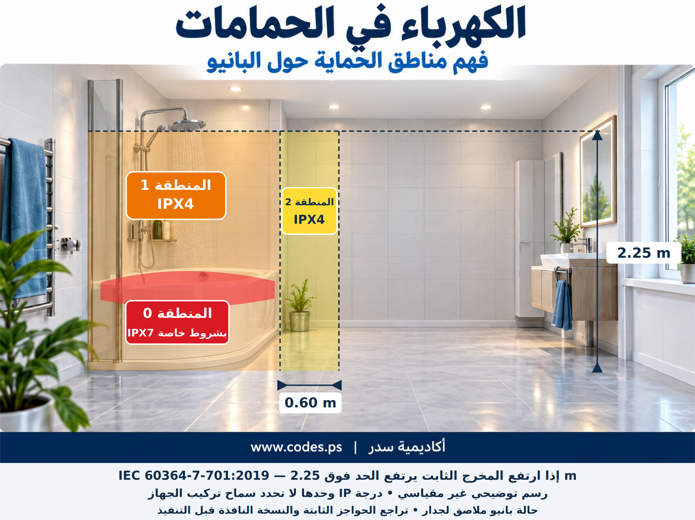 إنفوجرافيك حوض الاستحمام: المناطق والأبعاد وفق IEC 2019