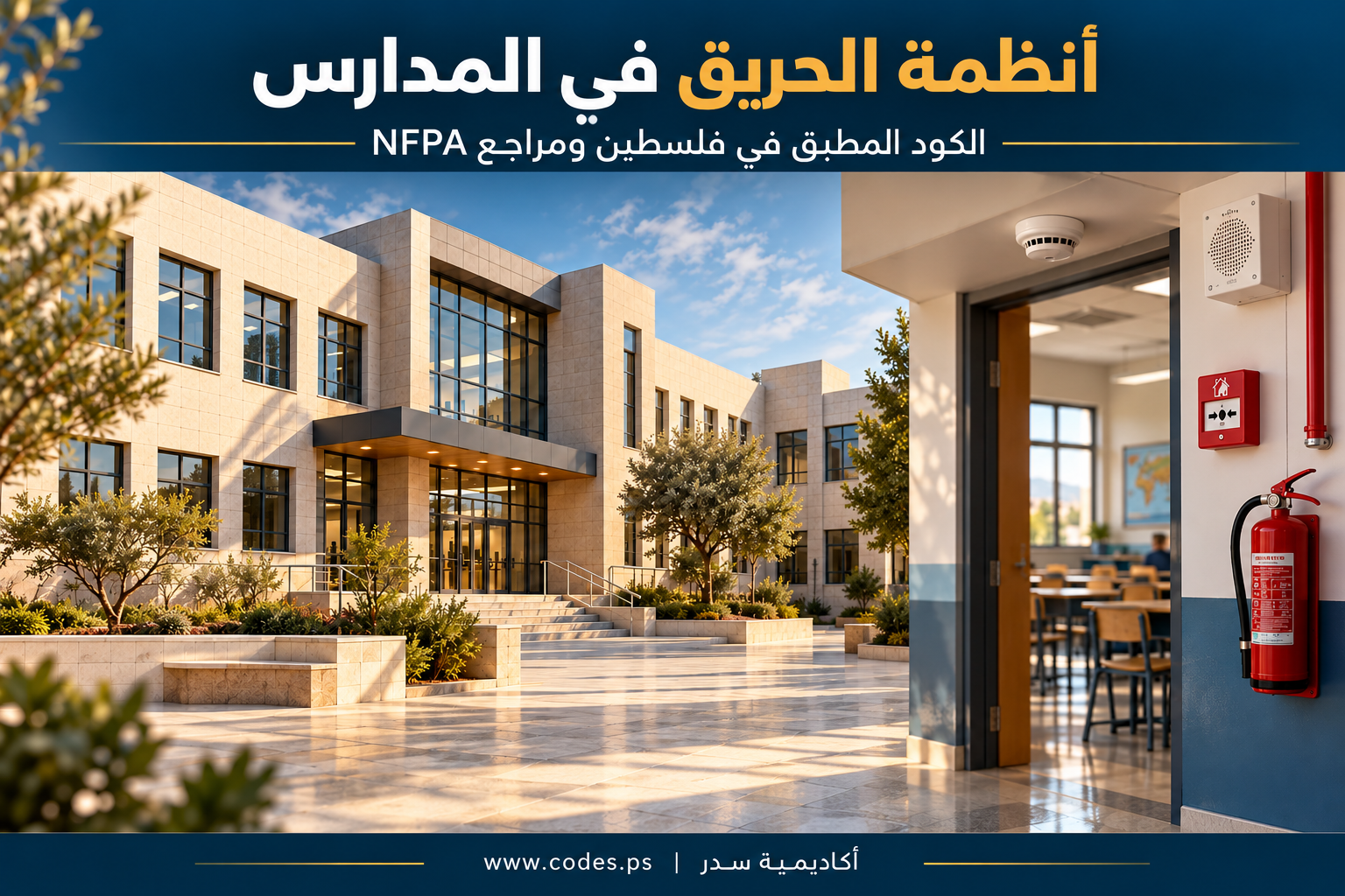 أنظمة الحريق في المدارس: الكود المطبق في فلسطين ومراجع NFPA
