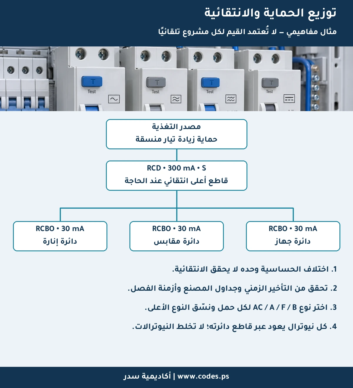 مخطط حماية أعلى انتقائية 300 ملي أمبير S مع قواطع RCBO فرعية 30 ملي أمبير